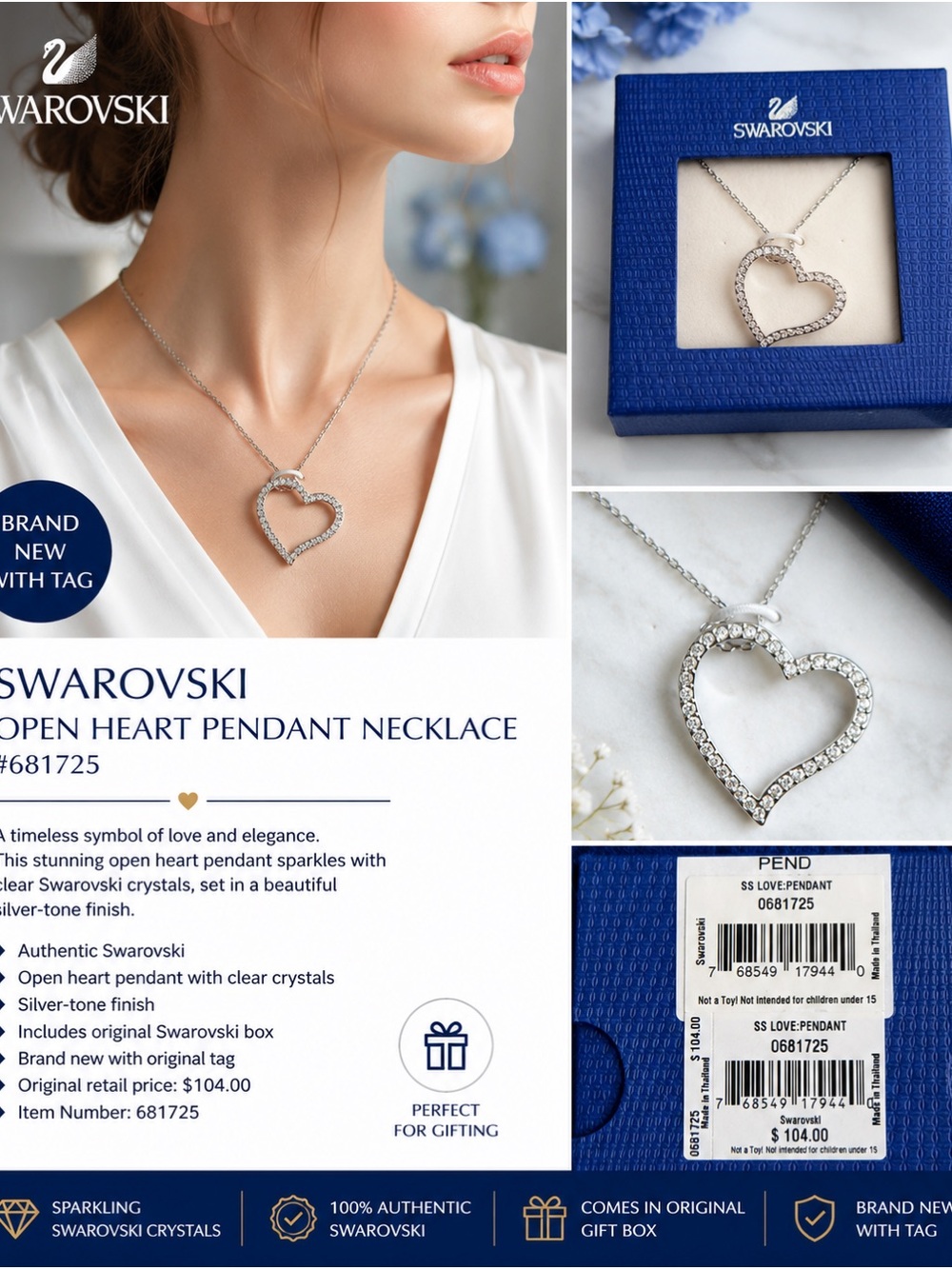 Swarovski Silver Open Heart Pendant Necklace with Clear Crystals